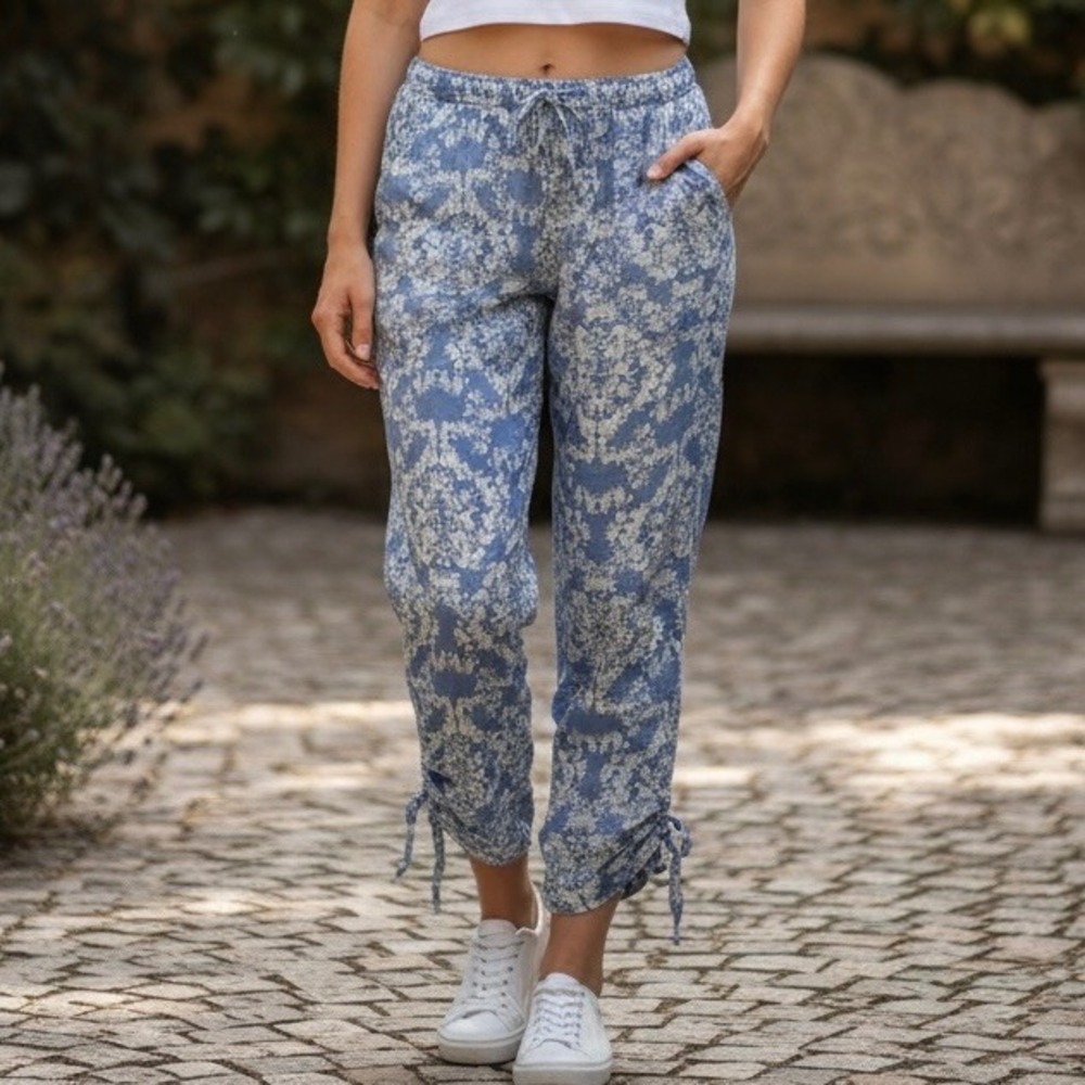 KNOX ROSE Womens Blue Floral Print Cropped Pants Size M Elastic Waist Drawstring